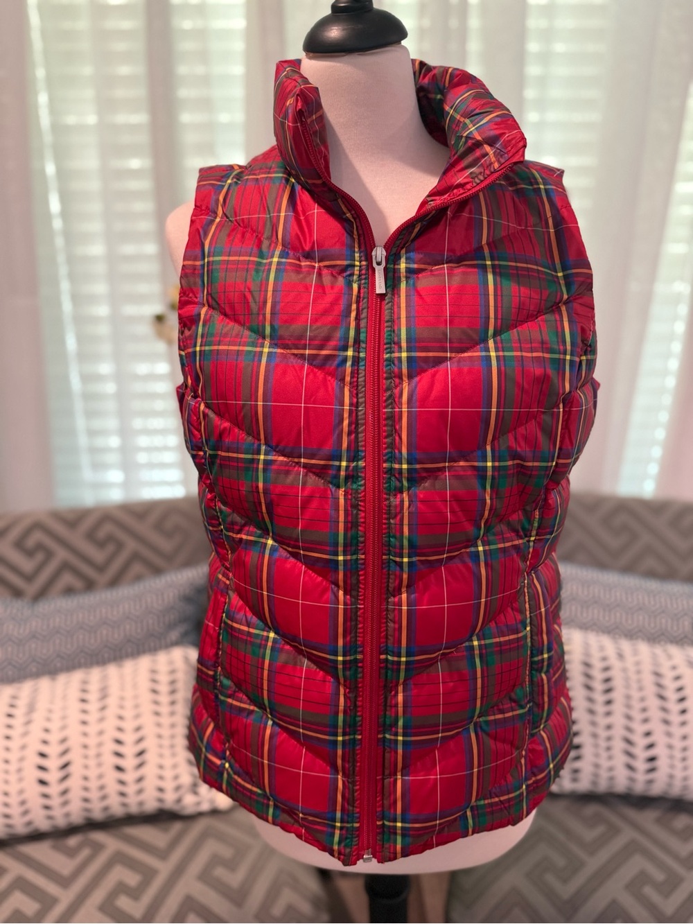 Lands' End Red Plaid Quilted Puffer Vest - Women's, Small Tall